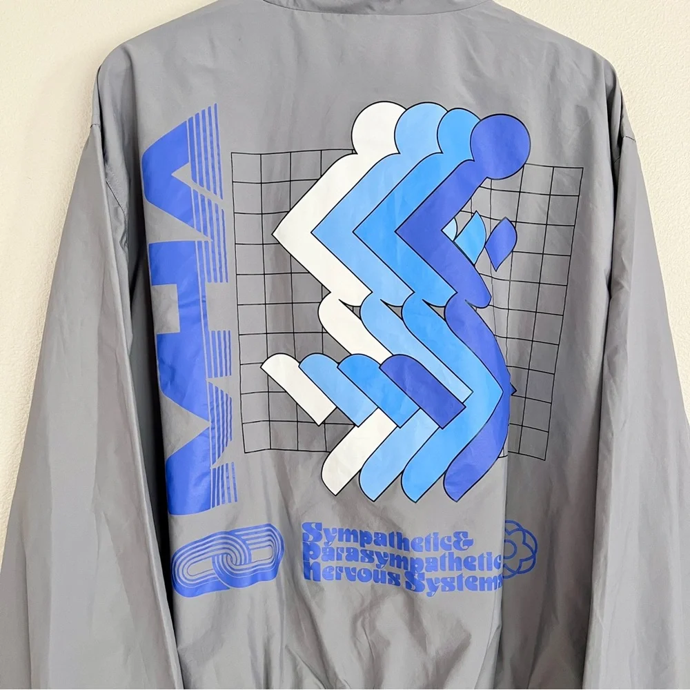 MADHAPPY Athletics Nylon Warm Up Graphic Bomber Jacket in Grey